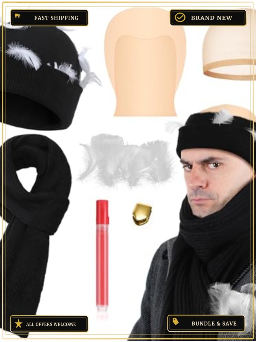 Mepase 6 Pc Christmas Movie Costume Set Beanie Scarf Fake Teeth Feathers Cosplay
